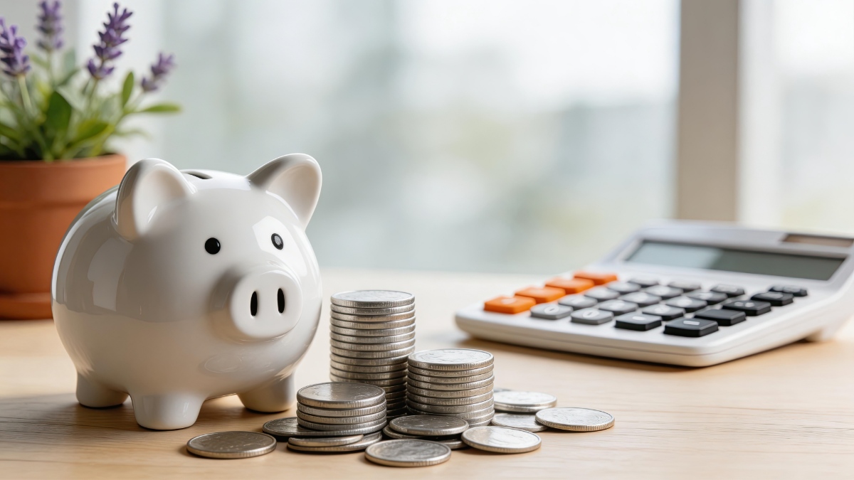 計算機と白い豚の貯金箱と銀貨