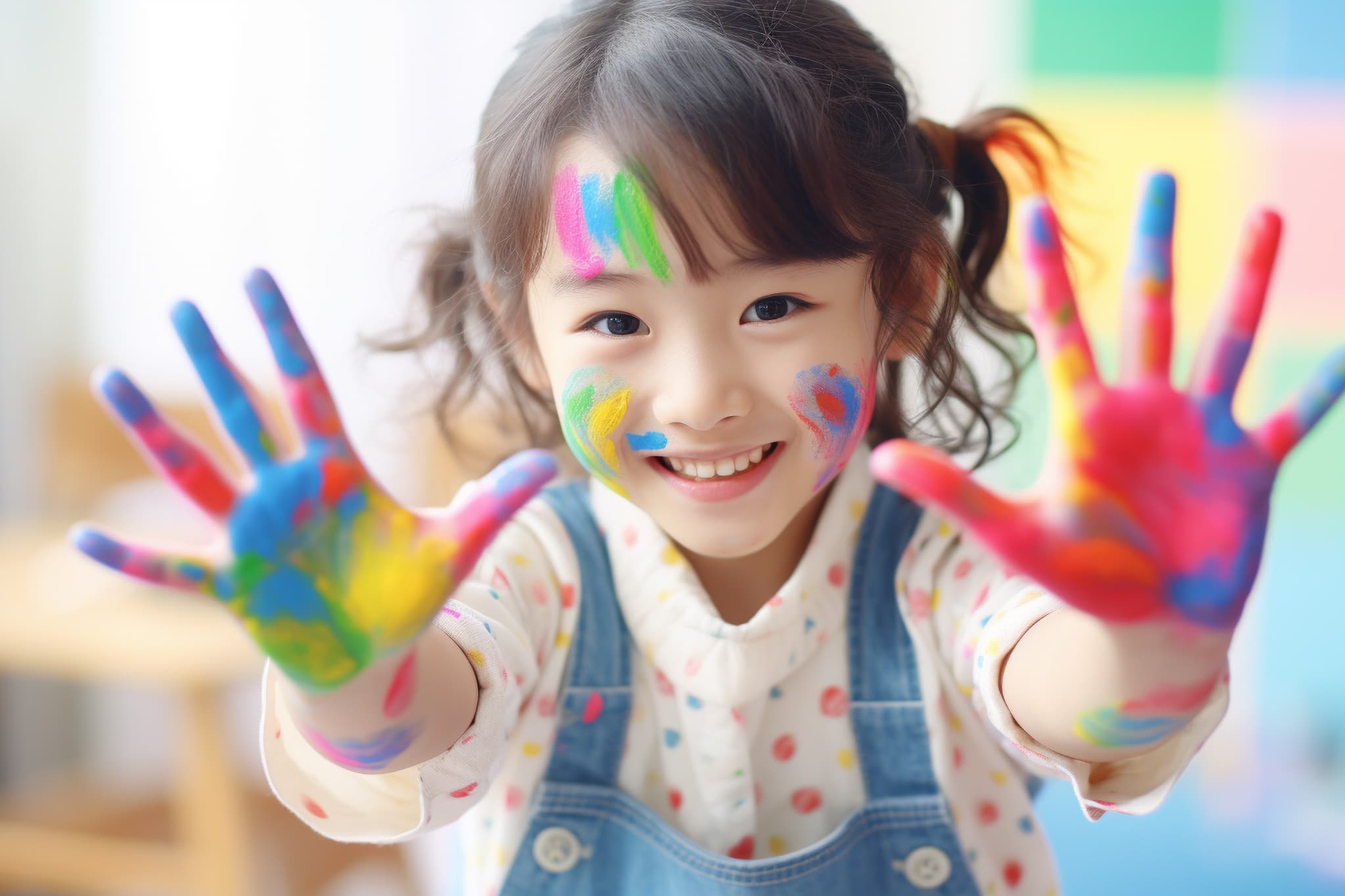 ハンドペイントの絵具でカラフルになった手を見せて笑う子ども